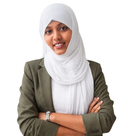 Professional and approachable pose: Standing with arms confidently crossed, maintaining a relaxed posture while facing the camera directly. A warm, genuine smile creates a friendly and trustworthy impression, reflecting confidence, professionalism, and a client-focused attitude.